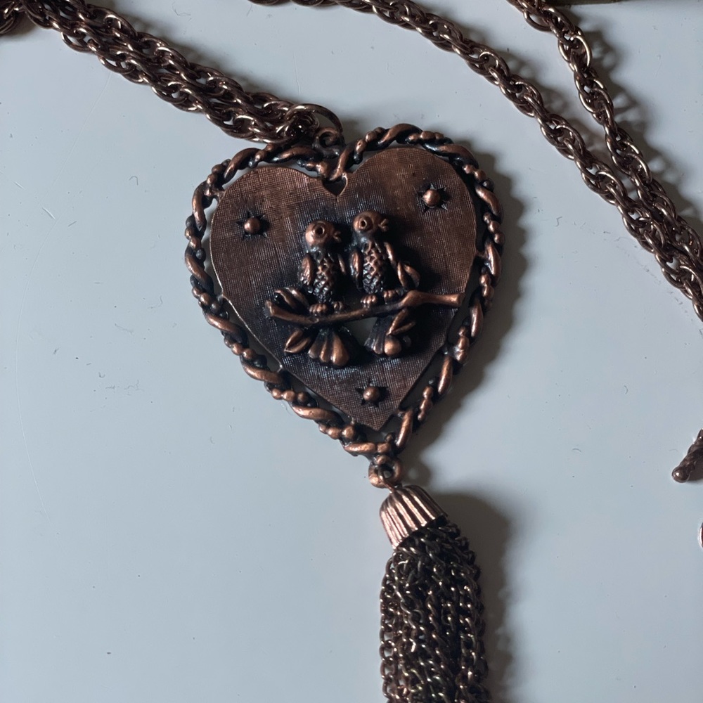 Vintage Signed SHP EXCL Lovebirds Heart COPPER Necklace  TASSEL 24" - Picture 2 of 4